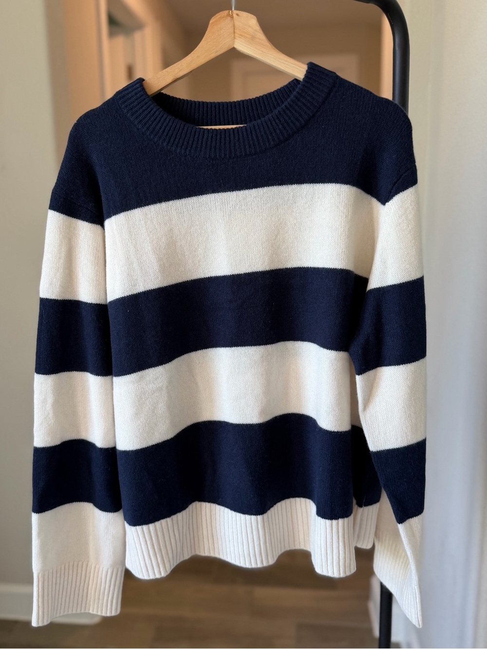 Quince Mongolian Cashmere Oversized Navy Ivory Rugby Stripe Crewneck Sweater L